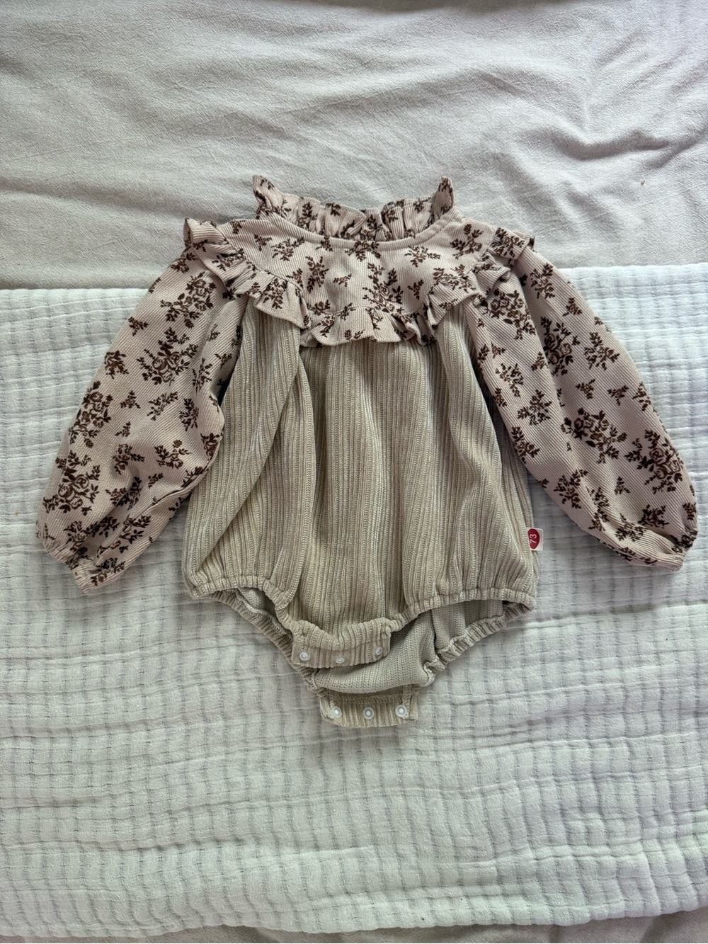 Baby Girls' Floral Ruffle Romper in Beige and Brown